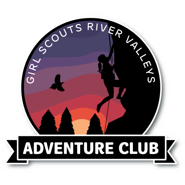 Adventure Club Patch featuring a girl rock climbing at sunset.