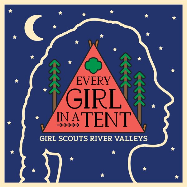 Every Girl in a Tent Patch with red tent within girl silhouette among the stars and moon.