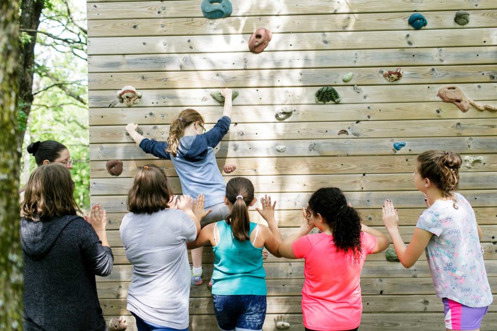 Girls Using the Bouldering Wall at Camp Edith Mayo