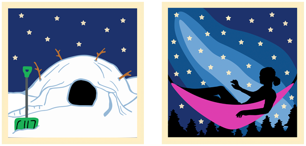 Girl Scout Patch design of Quinzee at Night; Girl in Hammock Under the Stars